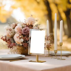 Autumn wedding table setting with blank acrylic sign on gold stand, surrounded by blush-toned flowers and candles