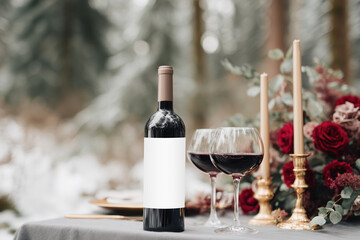 Red wine bottle with blank label and two glasses on an elegant winter-themed table setting