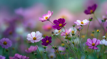 Closeup of cosmos flowers in natural meadow