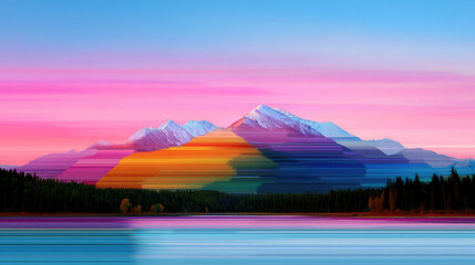A serene mountain range blending into digital pixel glitch, surreal nature-tech fusion