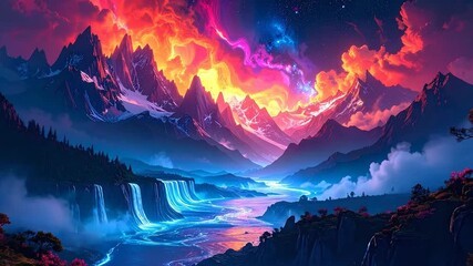 Ethereal river flowing through a majestic mountain valley under a vibrant, glowing celestial sky with fiery nebula clouds - Powered by Adobe