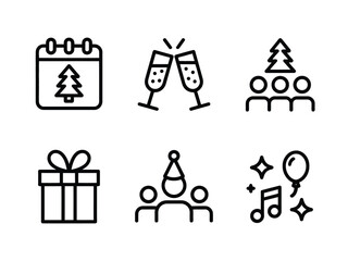 A collection of simple line art icons representing holiday celebrations and events, including a calendar, champagne glasses, a Christmas tree with people, a gift box, a party hat, and musical notes