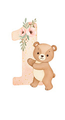 Beautiful stock illustration with watercolor hand drawn number 1 and cute bear animal for baby clip art. One month, year