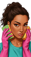 Attractive woman with sponges at ear height alone and wearing latex gloves Close up of a cleaning service worker