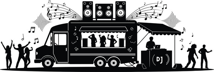 DJ truck with dancing crowd and music notes DJ, truck, music, party, dancing, crowd, silhouette, crowd, miscellaneous, vibrant, speakers., night, music, notes, joy, fun, with, energy, truck, entertain