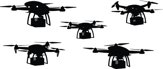 Drones carrying packages in silhouette drone, delivery, package, cargo, aerial, silhouette, viewed, miscellaneous, supply, carrying, delivery, hovering, unmanned, different, distribution, load, airbor