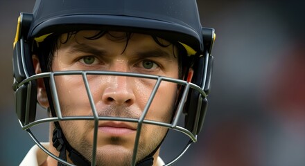 Focused cricket player in helmet under stadium lights – Determined sportsman portrait