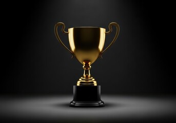 Fototapeta premium A gleaming golden trophy sits on a black pedestal against a dark, moody background, symbolizing achievement and victory
