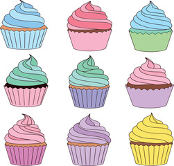 Assortment of Nine Colorful Hand- Drawn Cupcakes with Swirled Frosting dessert sweet