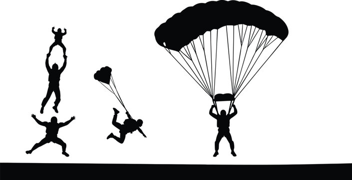 Parachuting and skydiving silhouettes skydiving, parachuting, skydiver, parachute, graphic, parachute, sport, parachuting, teamwork, with, freefall, background, against, skydiver, action, people, air,