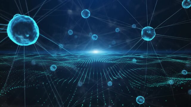 Futuristic 3D scene of cyber data flow, blockchain fields, AI networks, neural cells, and digital communication in glowing electric blue and purple tones. - Powered by Adobe