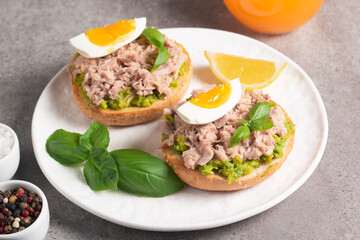 Two delicious tuna open sandwiches with avocado and boiled eggs. Tuna toast.