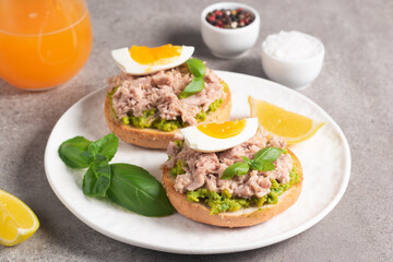 Two delicious tuna open sandwiches with avocado and boiled eggs. Tuna toast.
