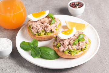 Two delicious tuna open sandwiches with avocado and boiled eggs. Tuna toast.