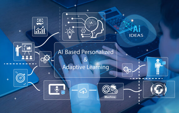 Child using keyboard with digital data graphics, artificial intelligence icons and education technology interface overlay, Conceptual image of AI based personalized and adaptive learning.