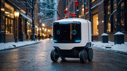 Delivery robot navigating snowy city street in winter