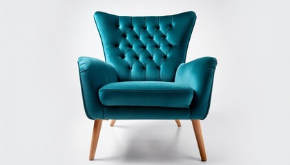 plush teal velvet armchair featuring tufted backrest elegant wooden legs positioned against white background for design inspiration