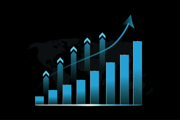 A bar graph showing growth with an arrow pointing upwards on a black background