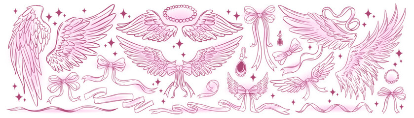 Coquette angel wings and bow ribbons kit. Pink gradient aesthetic hand-drawn outline elements for logo, poster, stickers and fashion design