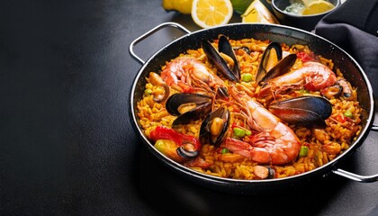 banner spanish paella in a frying pan close up prepared in a restaurant banner with space for text concept food spain paella seafood