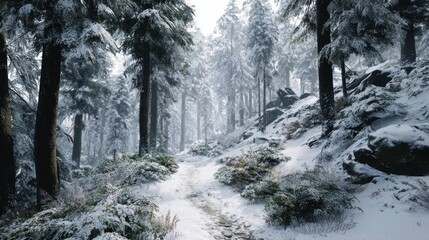 Obraz premium A snowy forest with a path leading away,