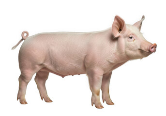 A young pink pig stands proudly against a black background