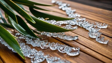 Clear aligners with green leaves on wooden table