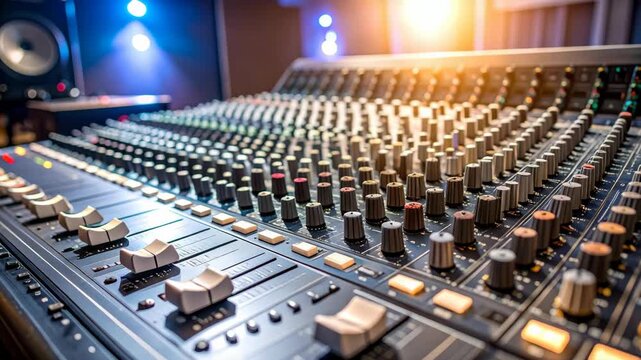 Audio mixing console with sliders, knobs, and buttons in a music recording studio environment with bright lighting, soundboard