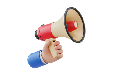 3d icon illustration of hand holding  megaphone for announcement and promotion . Isolated on transparent background, png