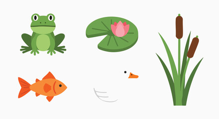 Cute pond animals plants set flat design collection frog duck goldfish lotus lilypad cattail nature aquatic wildlife vector illustration cartoon simple