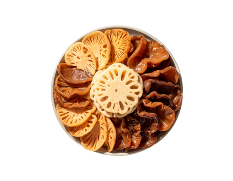 Wood Ear Mushrooms and Lotus Root Mandala – Botanical Culinary Art PNG