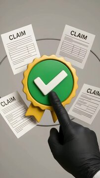 Document validation concept with check mark and claims papers to evoke a feeling of approval. Vertical video.