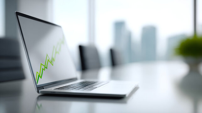 Modern laptop on conference table displaying upward trending green graph with blurred background and cityscape outside