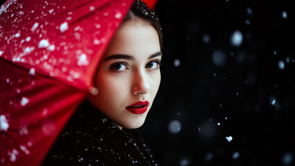 Young woman stands beneath a vibrant red umbrella as snowflakes fall around her, reflecting a serene winter atmosphere with a touch of elegance. Winter season and Xmas concept. Generative AI.