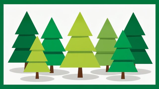 Stylized Evergreen Forest Illustration with Geometric Trees in Shades of Green and Brown, Isolated on White Background with Green Border, Design Element