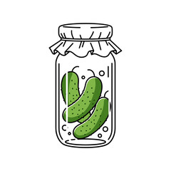 Jar of pickles illustration with cucumbers, simple design, food preservation, copy space