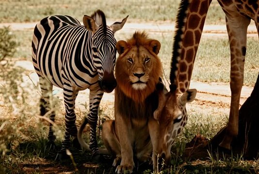 Un le&oacute;n, una cebra y una jirafa descansan juntos bajo la sombra en la sabana, en una escena de inesperada armon&iacute;a.