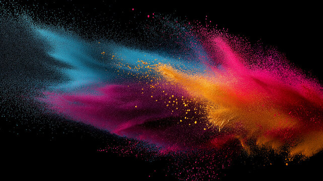 Abstract burst of colorful powder, featuring streaks of pink, blue, and orange against a dark, voidlike background, suggesting motion and energy