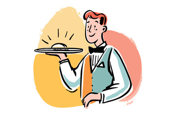Smart waiter serving a dish at a restaurant with a welcoming smile