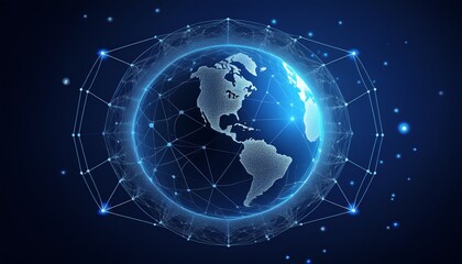 Obraz premium vertical global network technology and digital world that surrounds planet earth empty space for text on a dark blue background concept technology future network artificial intelligence blue