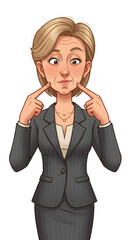 Middle aged blonde businesswoman posing amusingly against a blank backdrop making a fish face.png