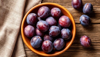 Fototapeta premium Plums piled in a wooden bowl on a rustic table with a linen cloth, fresh organic fruit evoking wholesome, wallpaper background for printed materials, notepads and calendars