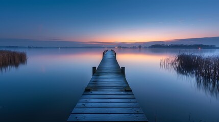 Fototapeta premium Serene Lake at Dusk: A Wooden Pier Extends into Still Waters, Peaceful Landscape View