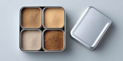 Top view of four different types of brown and beige sugar varieties in a divided metal container with a closed lid on a light surface