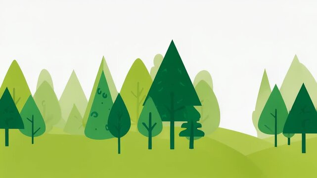 Stylized Green Forest Landscape Illustration with Simple Trees and Rolling Hills on White Background, Nature Scene, Environment Concept