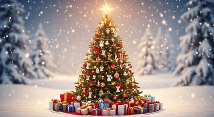 Decorated christmas tree with star and gifts in snowy winter landscape with snow covered trees behind it