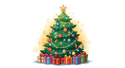 Decorated christmas tree with star on top and gifts underneath on a white and yellow background