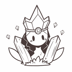 A cute crystal princess surrounded by crystals, wearing a crystal crown, with a simple line art style, perfect for coloring books and childrens illustrations