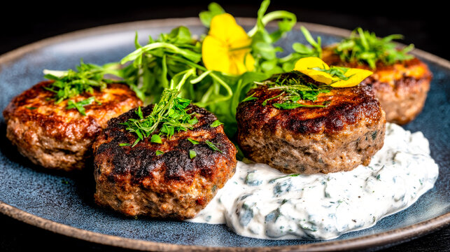 A plate of homemade frikadeller (meatballs) rests on a bed of white sauce. The dish is decorated with microgreens and yellow flowers.