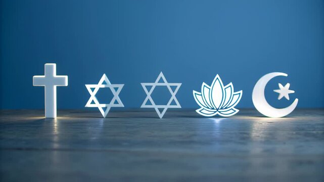 Glowing religion and faith symbols unite for world day of peace cross, star, lotus, crescent, moon on calm blue background with serene harmony - Powered by Adobe